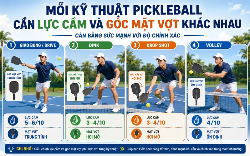 Mỗi kỹ thuật Pickleball yêu cầu mức lực cầm và góc mặt vợt khác nhau để cân bằng sức mạnh với độ chính xác.