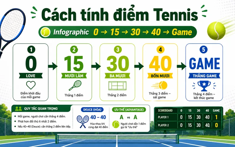 Cách tính điểm Tennis giúp người mới xem trận đấu dễ hơn