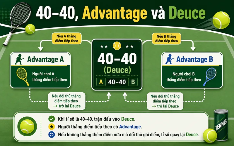Khi tỷ số đạt 40–40, hai bên bước vào deuce và cần tạo cách biệt hai điểm để kết thúc game.