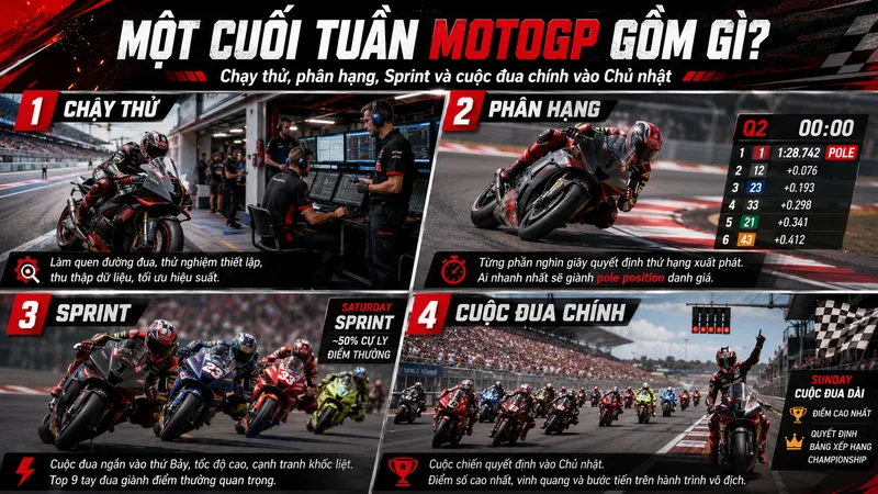 Một cuối tuần MotoGP gồm chạy thử, phân hạng, Sprint và cuộc đua chính vào Chủ nhật