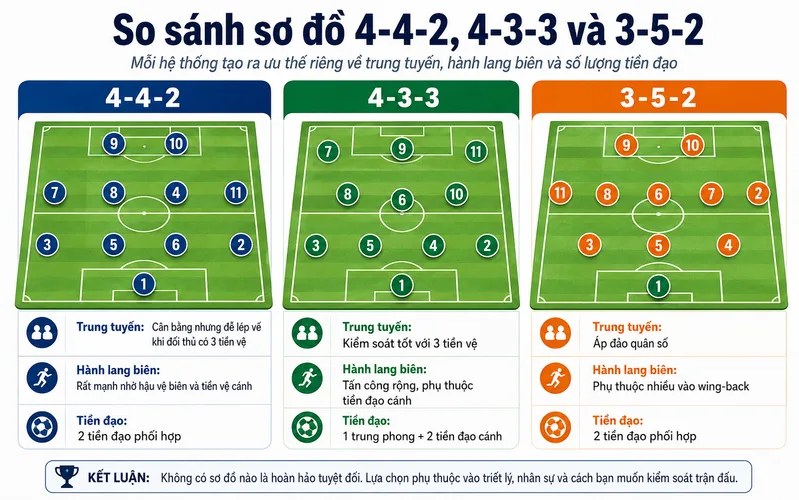Mỗi sơ đồ 4-4-2, 4-3-3 và 3-5-2 tạo ra ưu thế riêng về trung tuyến, hành lang biên và số lượng tiền đạo