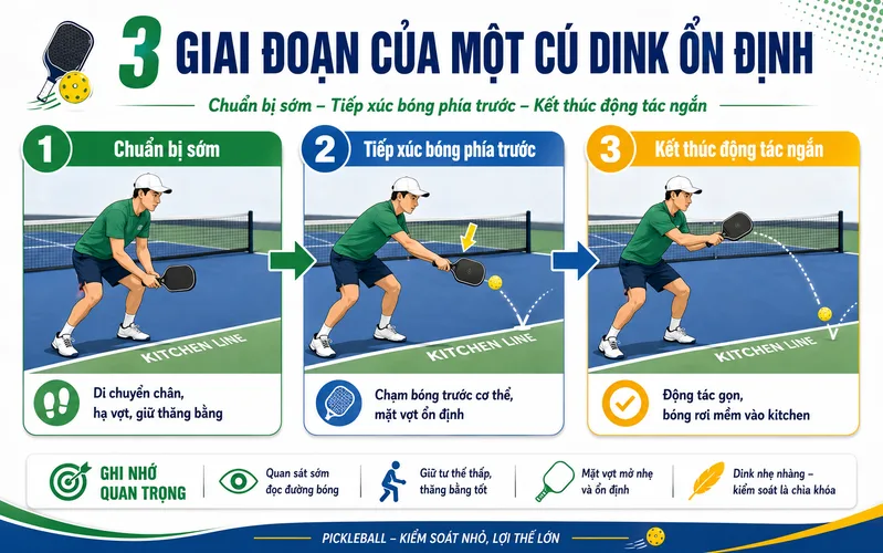 Một cú dink ổn định gồm ba giai đoạn: chuẩn bị sớm, tiếp xúc bóng phía trước và kết thúc động tác ngắn.