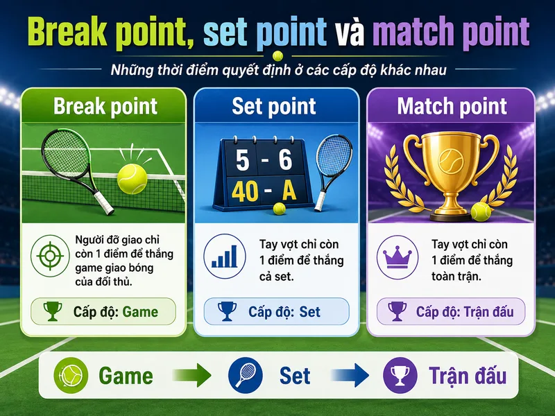 Break point, set point và match point mô tả những thời điểm quyết định ở các cấp độ khác nhau