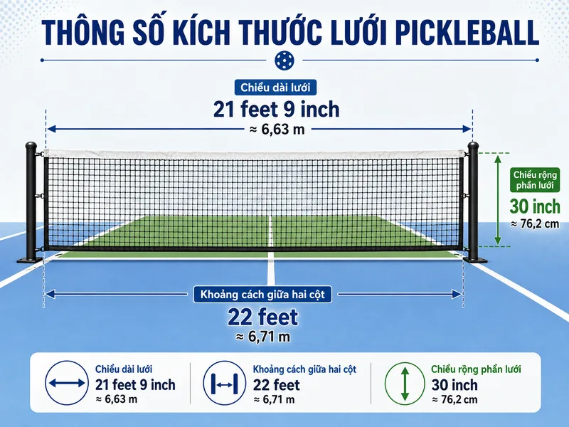 Lưới pickleball phải đáp ứng các yêu cầu về chiều dài, khoảng cách cột, mắt lưới và dải băng phía trên.